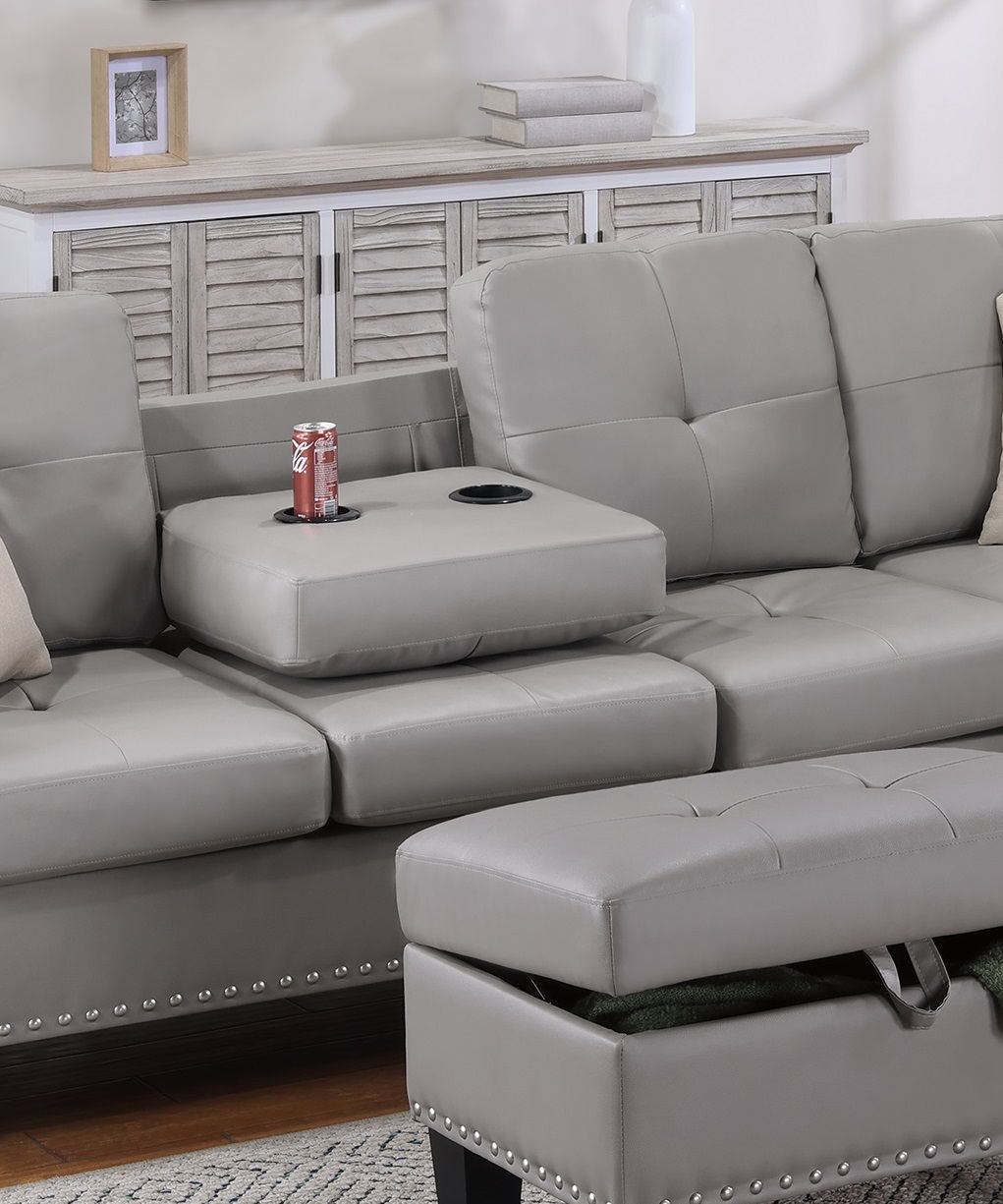 Grey Faux Leather Living Room Furniture 3-PCS Sectional Sofa Set LAF Sofa RAF Chaise And Storage Ottoman Cup Holder Couch