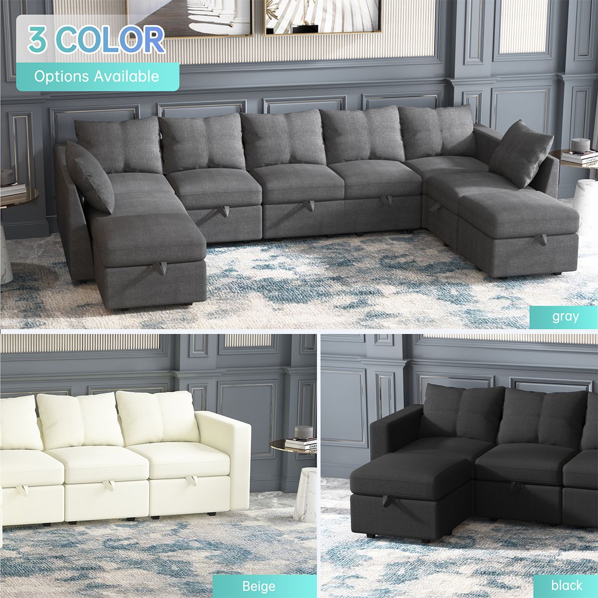 Livelylodge Modular Sectional Sofa with Wooden Frame and Pull-Out Bed, Convertible Couch for Living Room, Available in Black, White, and Gray, 109\" L x 30.5\" W x 34\" H