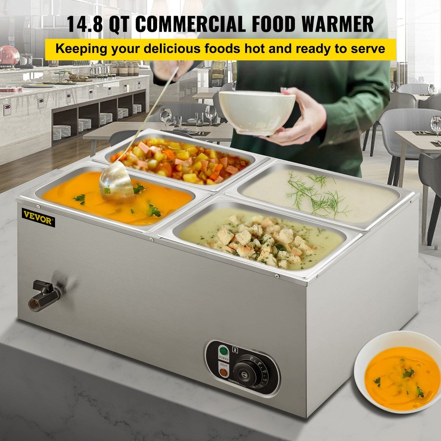 VEVOR 110V Commercial Food Warmer 4x1/4GN, 4-Pan Stainless Steel Bain Marie 14.8 Qt Capacity,1500W Steam Table 15cm/6inch Deep,Temp. Control 86-185, Electric Soup Warmer w/Lids & 2 Ladles