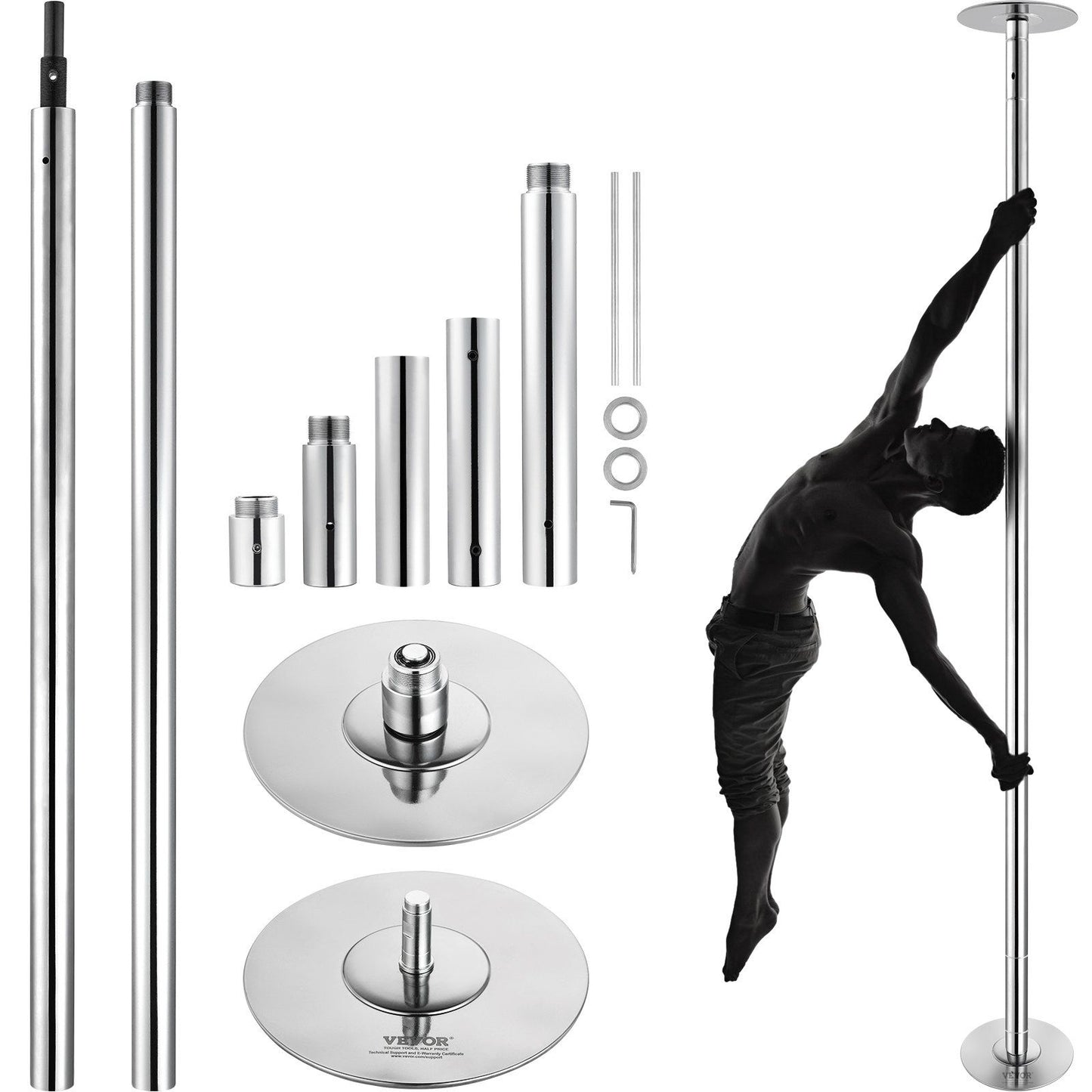 VEVOR Professional Dancing Pole, Spinning Static Dancing Pole Kit, Portable Removable Pole, 45mm Heavy-Duty Stainless Steel Pole, Height Adjustable Fitness Pole, for Exercise Home Club Gym, Silver