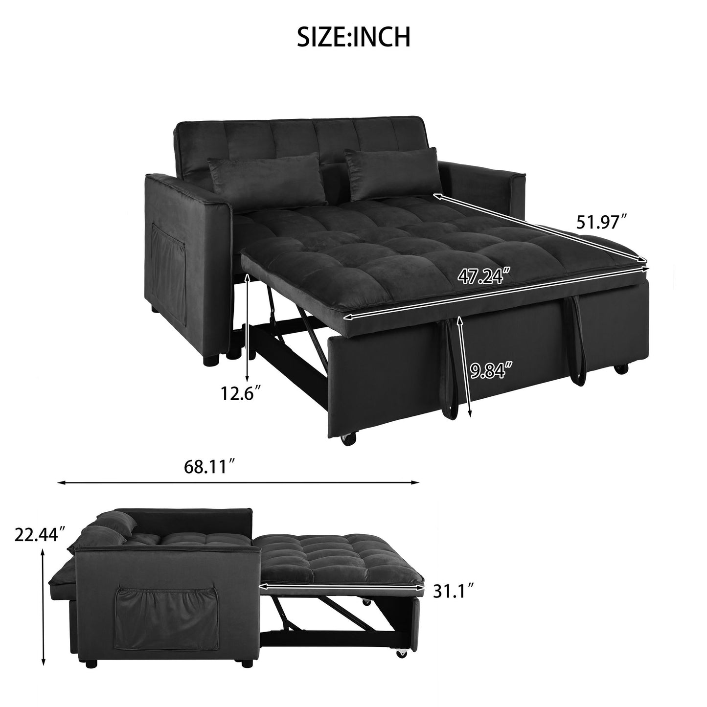 Convertible Sofa Bed,3-in-1 Pull Out Couch Bed with Reclining Backrest and Pillows,Sofa Bed Chair Full Convertible Sleeper Loveseat for Living Room, Home or Office(Black)