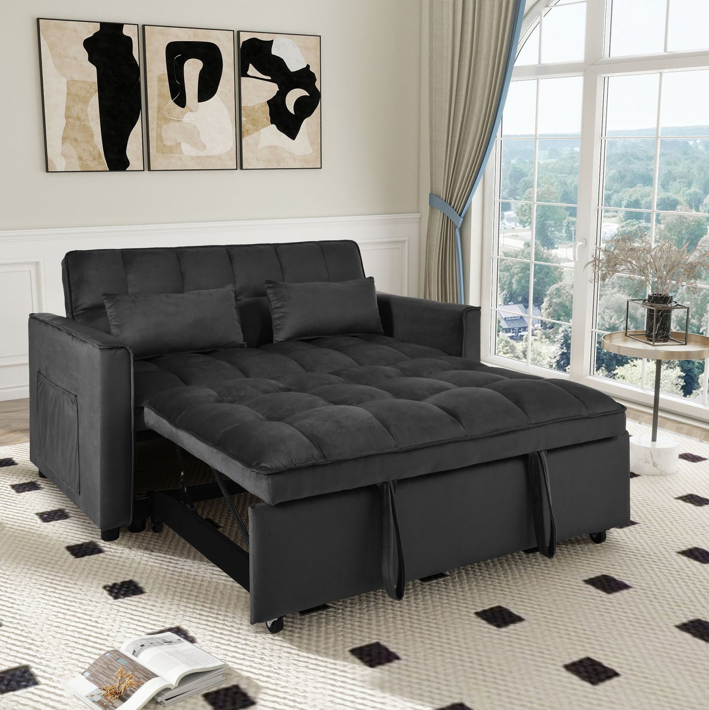 Convertible Sofa Bed,3-in-1 Pull Out Couch Bed with Reclining Backrest and Pillows,Sofa Bed Chair Full Convertible Sleeper Loveseat for Living Room, Home or Office(Black)