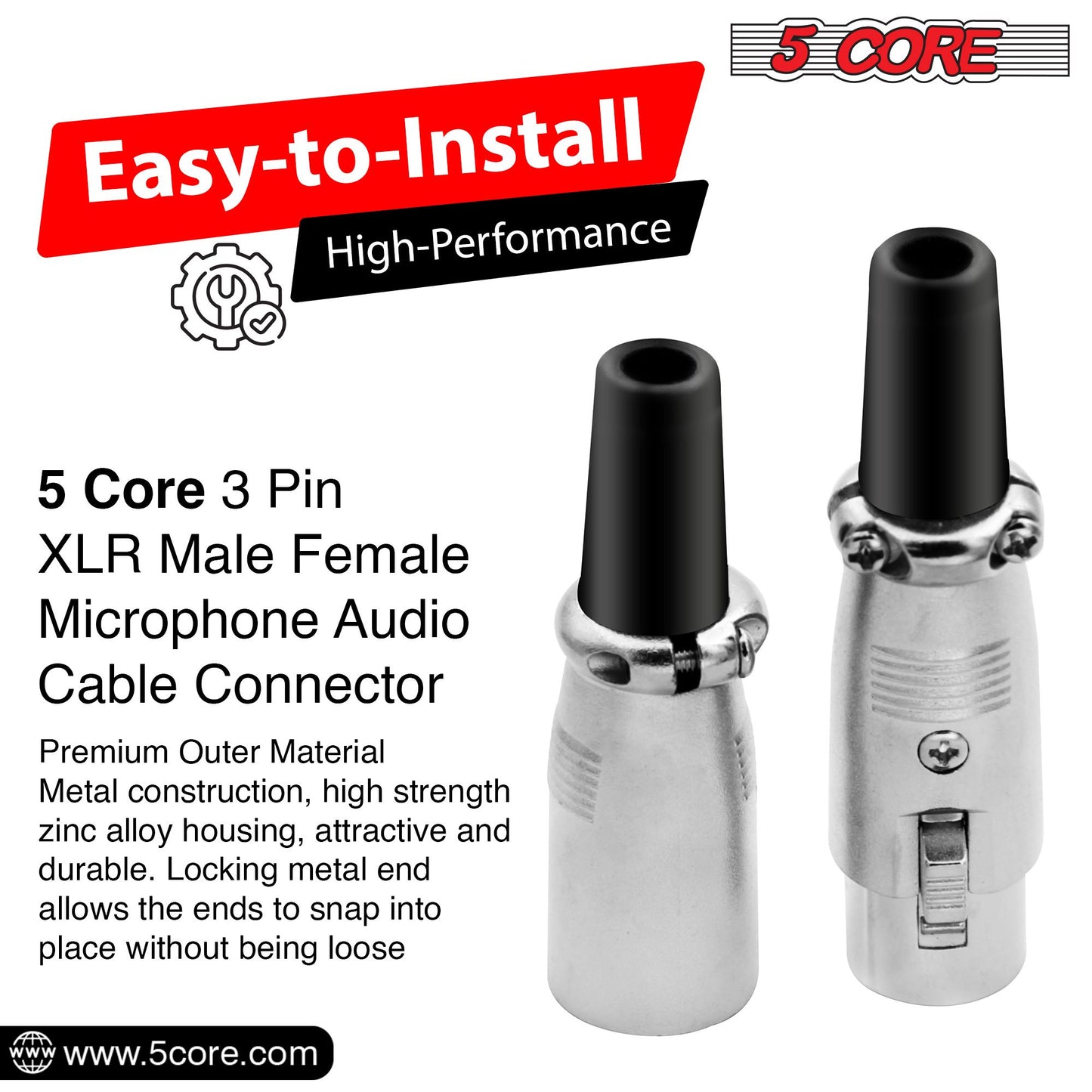 5 CORE XLR Connector Male Female to 1/4 Audio Jack 3 Pin Secure Microphone Plug with Locking Ends - XLR