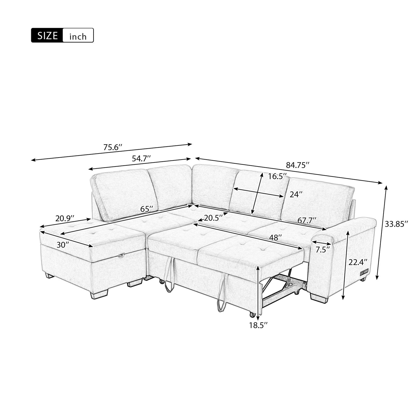 Sleeper Sectional Sofa, L-Shape Corner Couch Sofa-Bed with Storage Ottoman & Hidden Arm Storage & USB Charge for Living Room Apartment