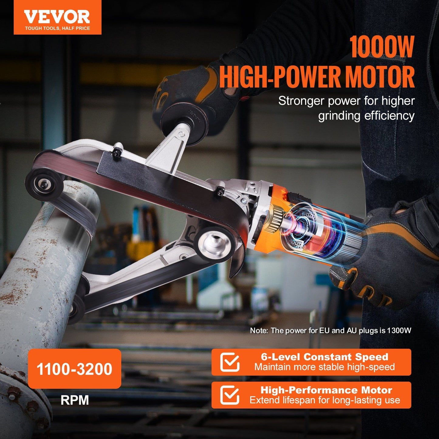 VEVOR Pipe Tube Polisher Sander, 1000W Pipe Belt Sander with 6 Variable Speeds 1100-3200rpm, Professional Belt Sander Grinding Machine with 3PCS Sanding Belts for Burnishing Finishing Rust Removal