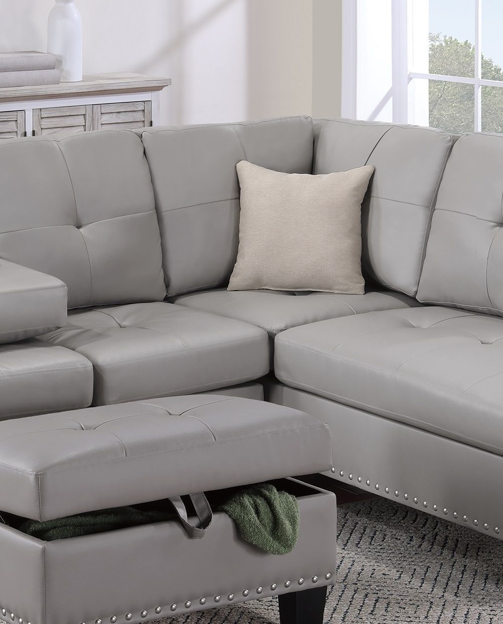 Grey Faux Leather Living Room Furniture 3-PCS Sectional Sofa Set LAF Sofa RAF Chaise And Storage Ottoman Cup Holder Couch