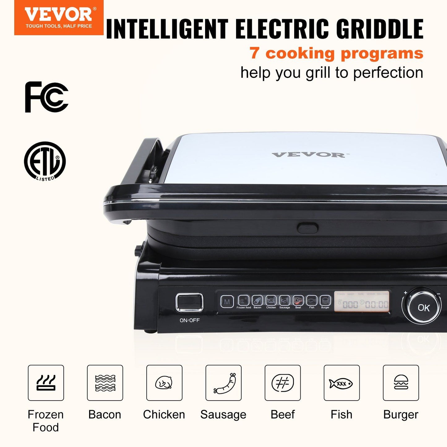 VEVOR 7 IN 1 Commercial Electric Griddle, 14.4" 1800W Indoor Countertop Grill, Stainless Steel Restaurant Teppanyaki Grill with Non Stick Iron Cooking Plate, 0-446°F Adjustable Temp Control 110V