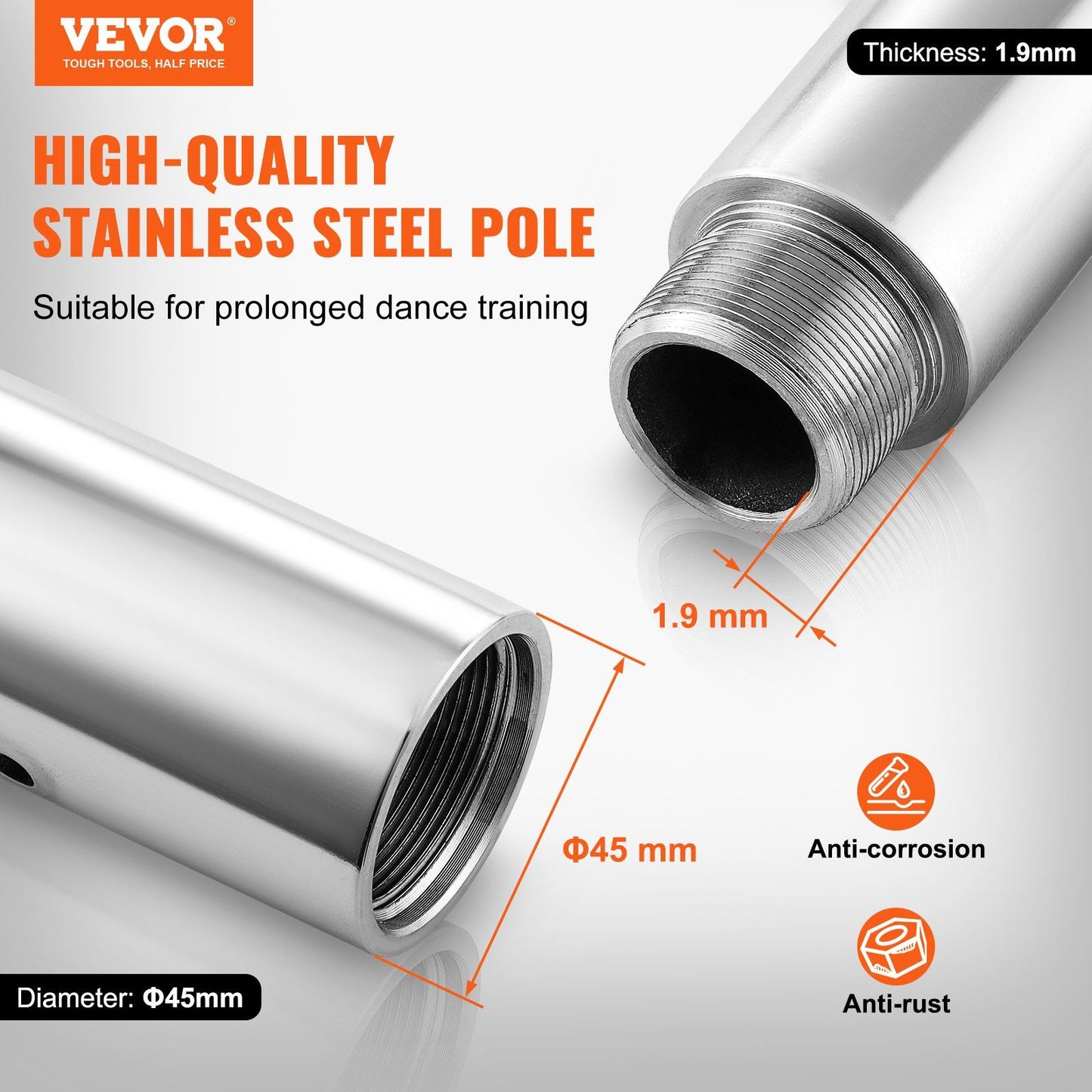 VEVOR Professional Dancing Pole, Spinning Static Dancing Pole Kit, Portable Removable Pole, 45mm Heavy-Duty Stainless Steel Pole, Height Adjustable Fitness Pole, for Exercise Home Club Gym, Silver