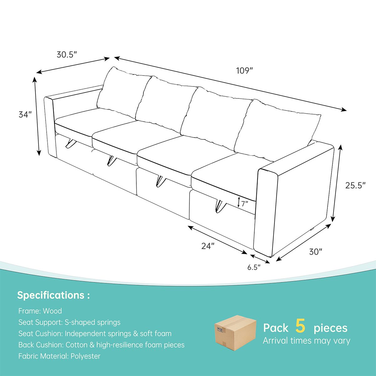 Livelylodge Modular Sectional Sofa with Wooden Frame and Pull-Out Bed, Convertible Couch for Living Room, Available in Black, White, and Gray, 109\" L x 30.5\" W x 34\" H