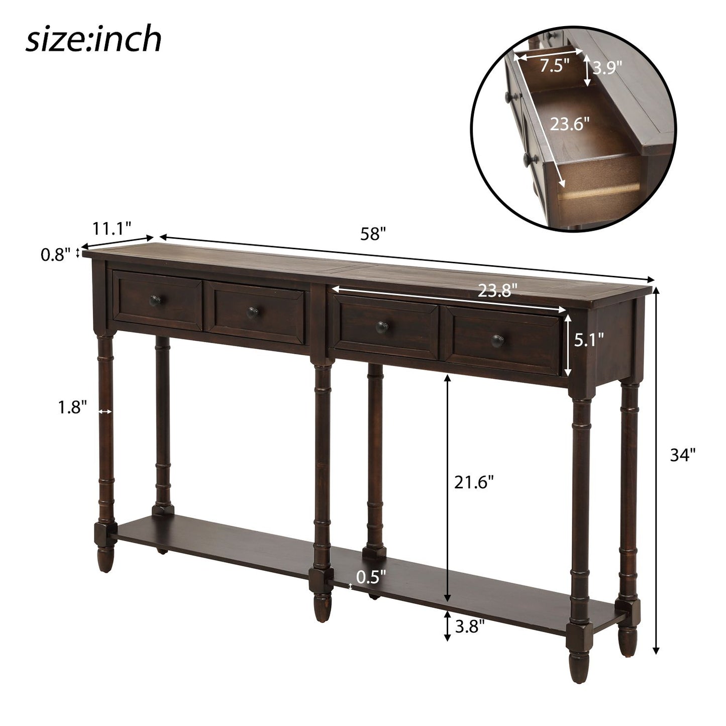 Console Table Sofa Table Easy Assembly with Two Storage Drawers and Bottom Shelf for Living Room,Entryway