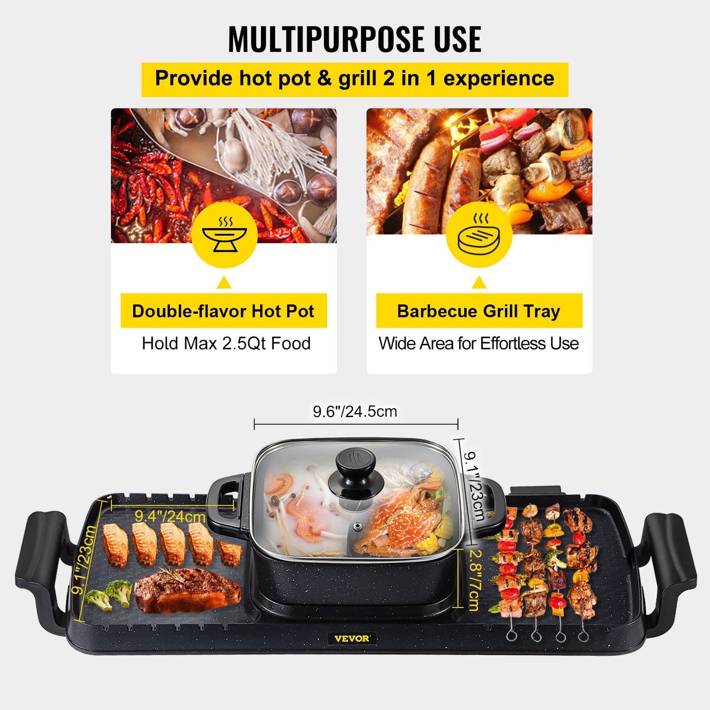 VEVOR 2 in 1 Electric Grill and Hot Pot, 2400W BBQ Pan Grill and Hot Pot, Multifunctional Teppanyaki Grill Pot with Dual Temp Control, Smokeless Hot Pot Grill with Nonstick Coating for 1-8 People