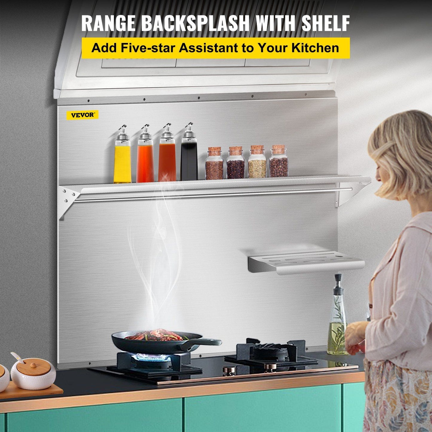 VEVOR Range Backsplash with Shelf 36 x 30.7 Inch Range Hood Wall Shield, Stainless Steel Backsplash Silver Splash Plate for Range Hood Stainless Backsplash with Built-in Storage Shelf and Hanging Rack