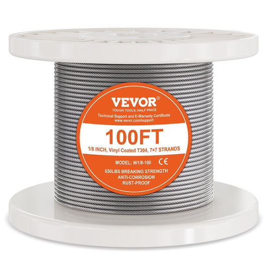 VEVOR T304 Stainless Steel Cable 1/8" 7x7 Steel Wire Rope 100 ft Cable Railing