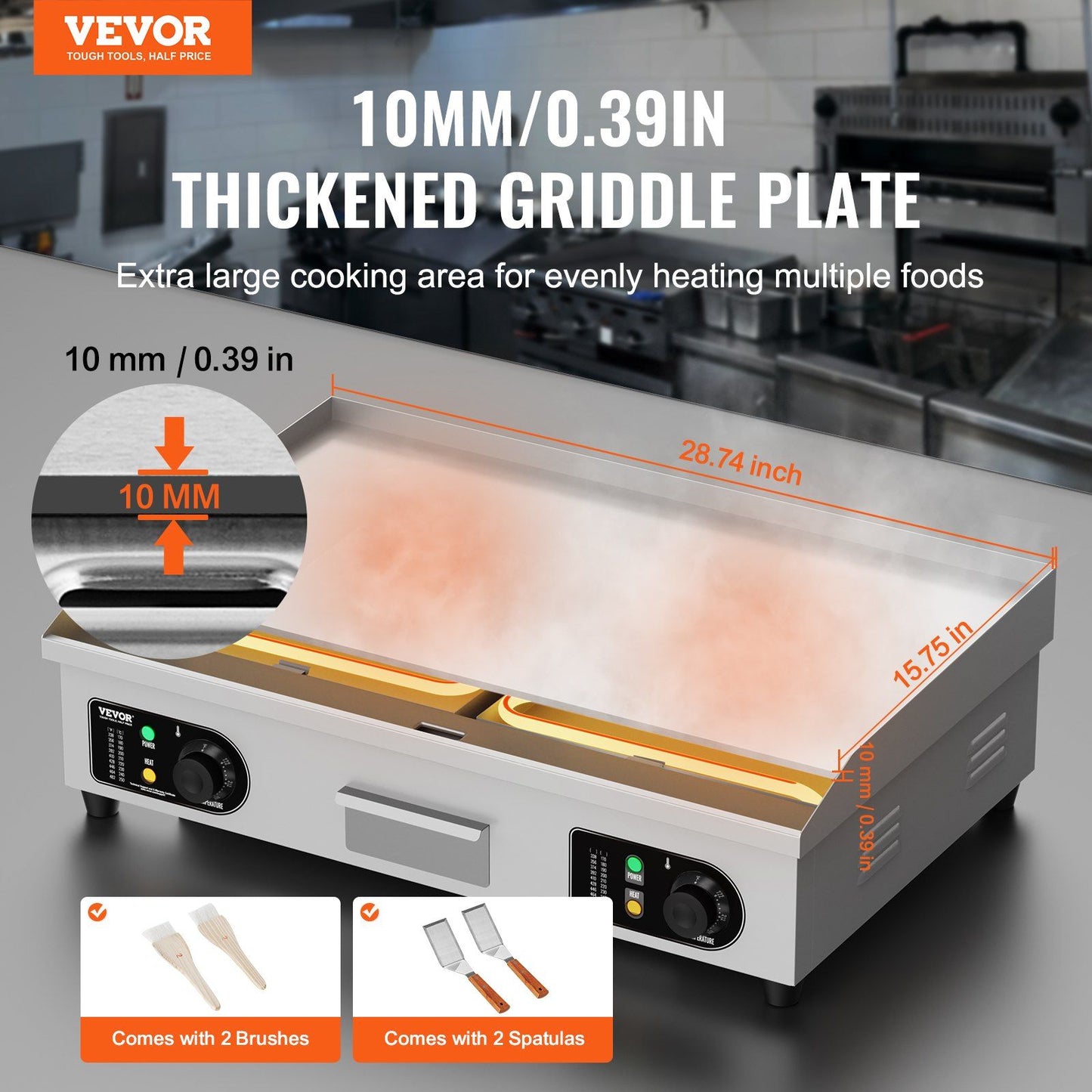 VEVOR Commercial Electric Griddle, 2800W Countertop Flat Top Grill, 122°F-572 °F Adjustable Temp, 28.74 x 15.75 x 0.39in Stainless Steel Griddle Grill with 2 Shovels and 2 Brushes