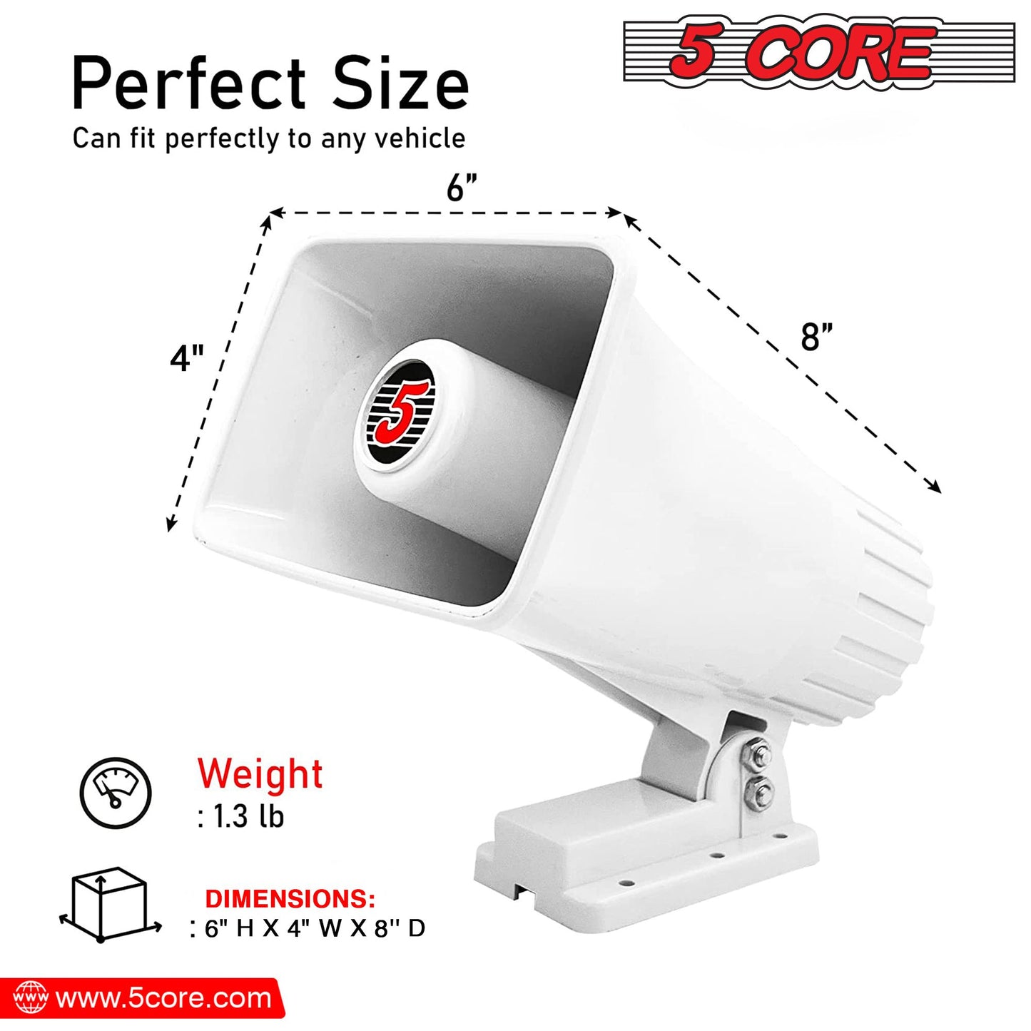 5 CORE Indoor Outdoor PA Horn Speaker 6 x 4 Inch Loud Portable PA Speakers 8 Ohms 50 Watts Max Horn Siren Adjustable Mounting Bracket & Hardware Included White - HW 405 WH