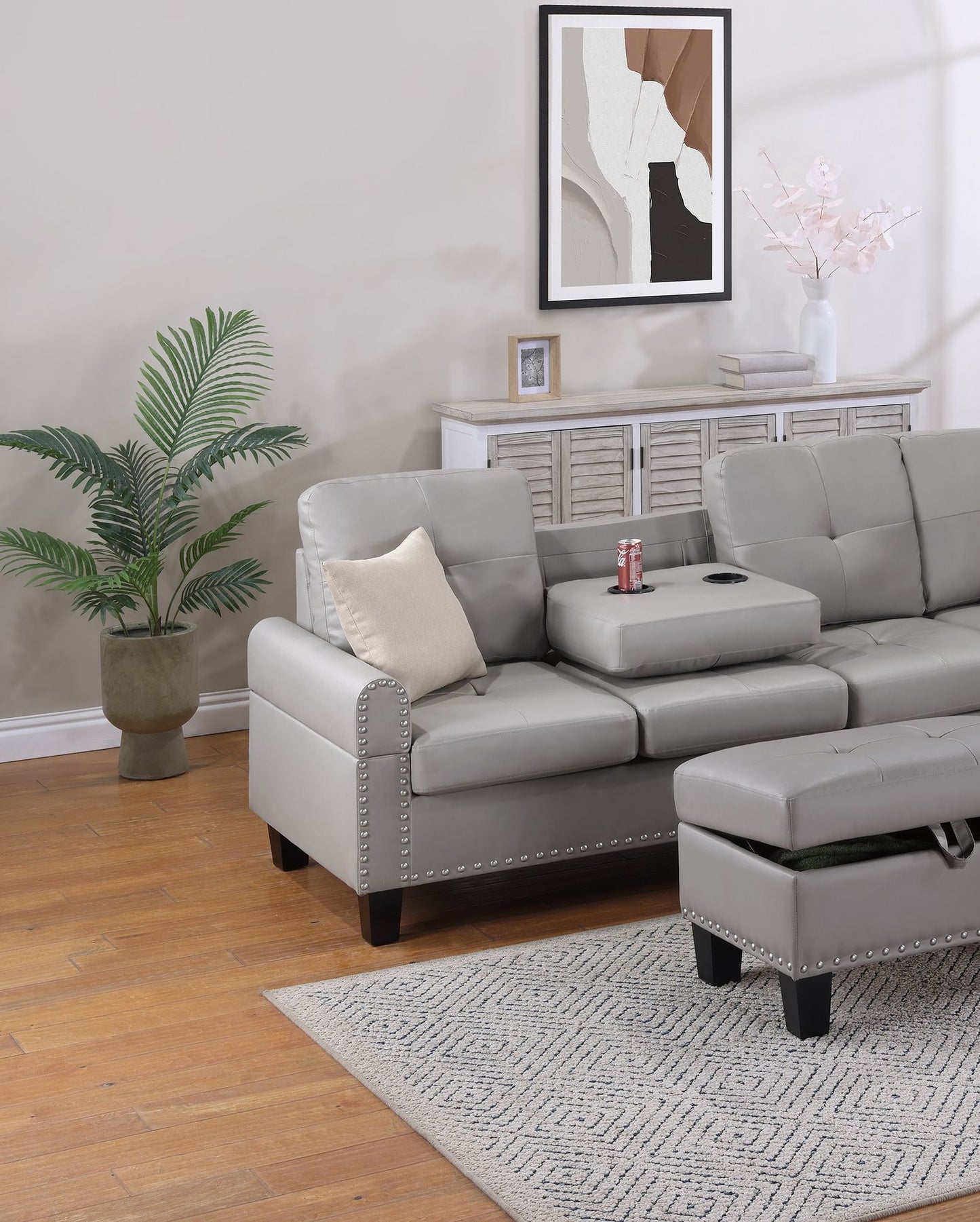 Grey Faux Leather Living Room Furniture 3-PCS Sectional Sofa Set LAF Sofa RAF Chaise And Storage Ottoman Cup Holder Couch