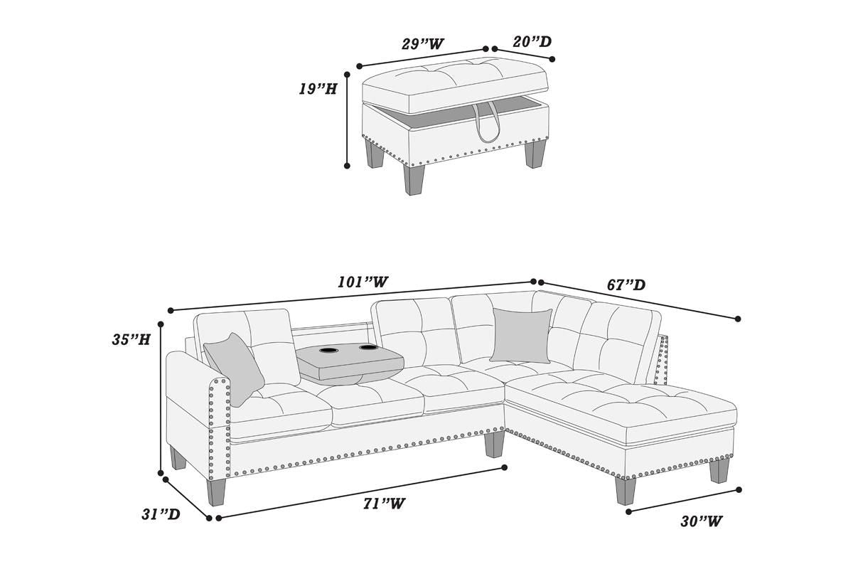 Grey Faux Leather Living Room Furniture 3-PCS Sectional Sofa Set LAF Sofa RAF Chaise And Storage Ottoman Cup Holder Couch