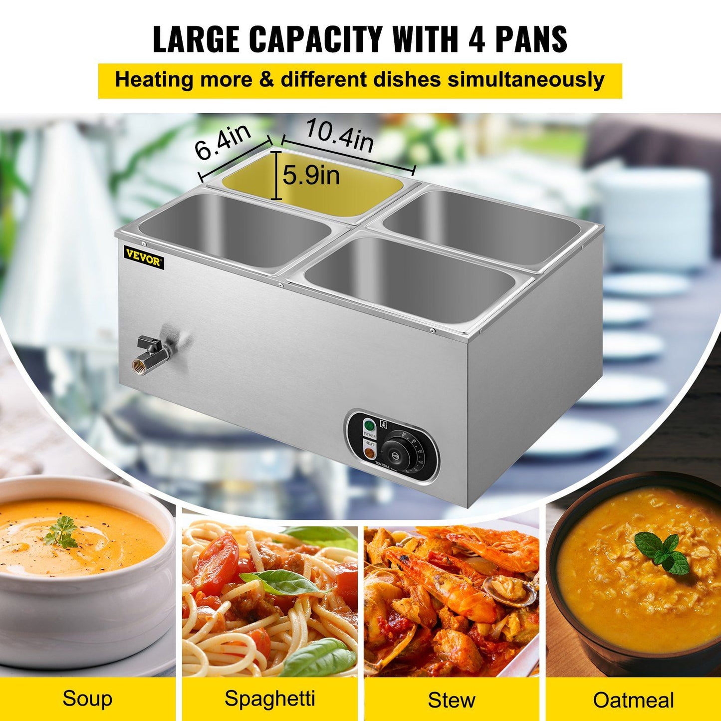 VEVOR 110V Commercial Food Warmer 4x1/4GN, 4-Pan Stainless Steel Bain Marie 14.8 Qt Capacity,1500W Steam Table 15cm/6inch Deep,Temp. Control 86-185, Electric Soup Warmer w/Lids & 2 Ladles