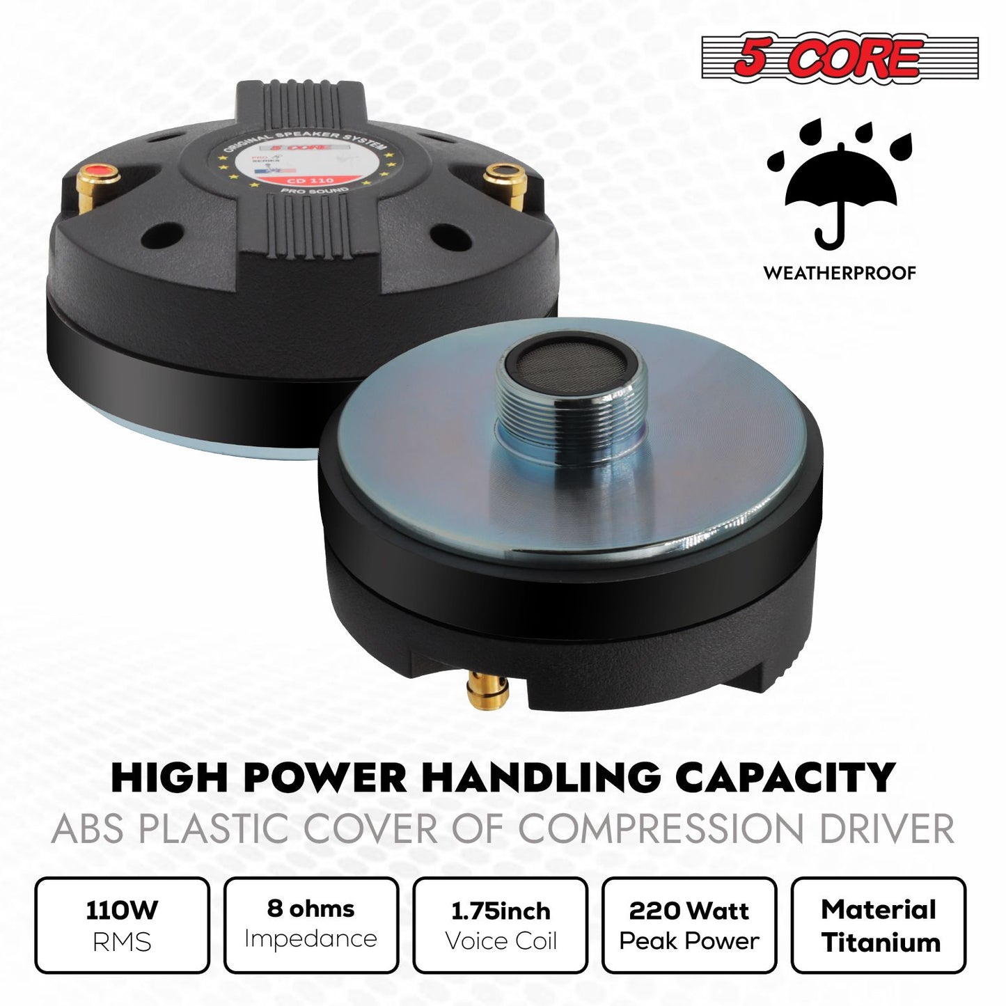 5 CORE Horn Speaker Tweeter Compression Driver 1.75 Inch Titanium Voice Coil 600W Max 8 Ohm 300 Watts RMS Loud 105dB 18 Oz 110mm Magnet- Screw-on Throat 18TPI CD 110