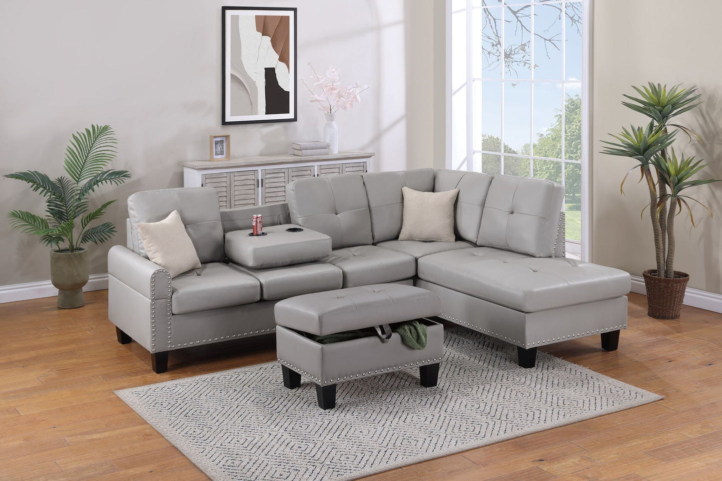 Grey Faux Leather Living Room Furniture 3-PCS Sectional Sofa Set LAF Sofa RAF Chaise And Storage Ottoman Cup Holder Couch