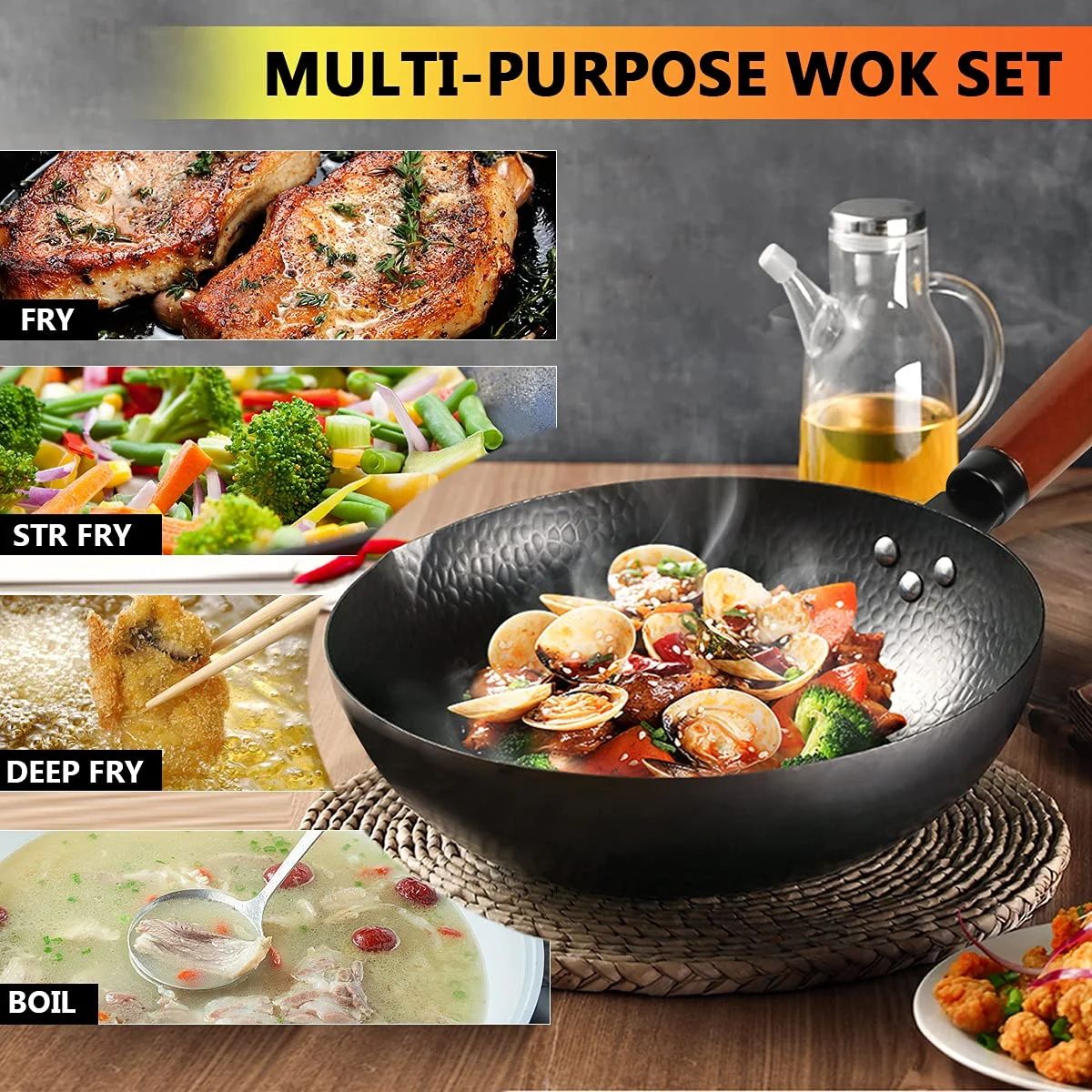 Carbon Steel Wok Pan, 14 Piece Woks & Stir-Fry Pans Set with Wooden Lid & Cookwares, Non-Stick Flat Bottom Chinese Woks Pan for Induction, 12.6''