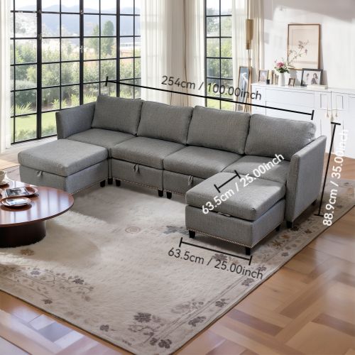 Convertible Sectional Sofa with Storage Seat 6 Seat Sofa with Reversible Chaise U Shaped Sectional Couch for Living Room,Light Grey