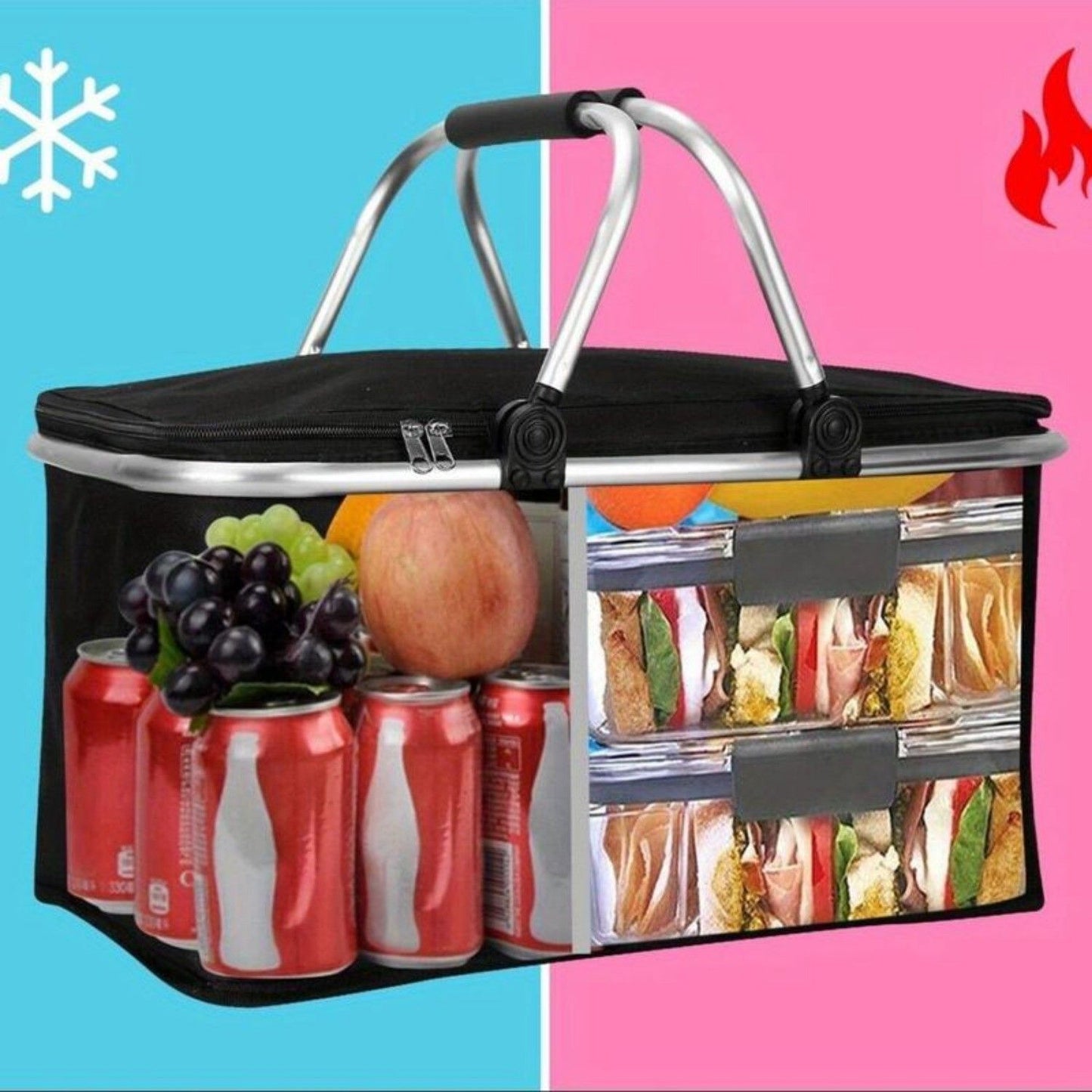 30L Insulated Picnic Basket Cooler Collapsible Food Delivery Storage Bag Grocery Market Basket Heat & Cool Insulation w/ Aluminum Handles Ban on Amazon sales