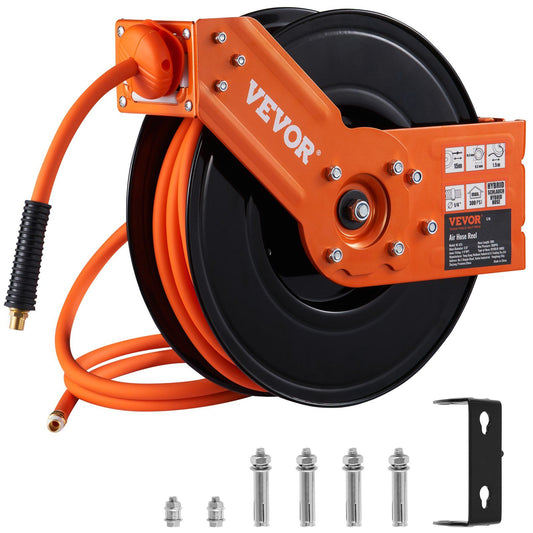 VEVOR Retractable Air Hose Reel, 3/8 IN x 50 FT Hybrid Air Hose Max 300PSI, Air Compressor Hose Reel with 5 ft Lead in, Ceiling / Wall Mount Heavy Duty Double Arm Steel Reel