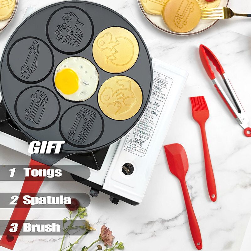 Egg Omelette Pan Silver Dollar Pancake Pan Nonstick Omelet 7-Cup Pancake Molds for Kids Animal Pancakes Maker with Silicone Spatula, Tongs, Oil Brush