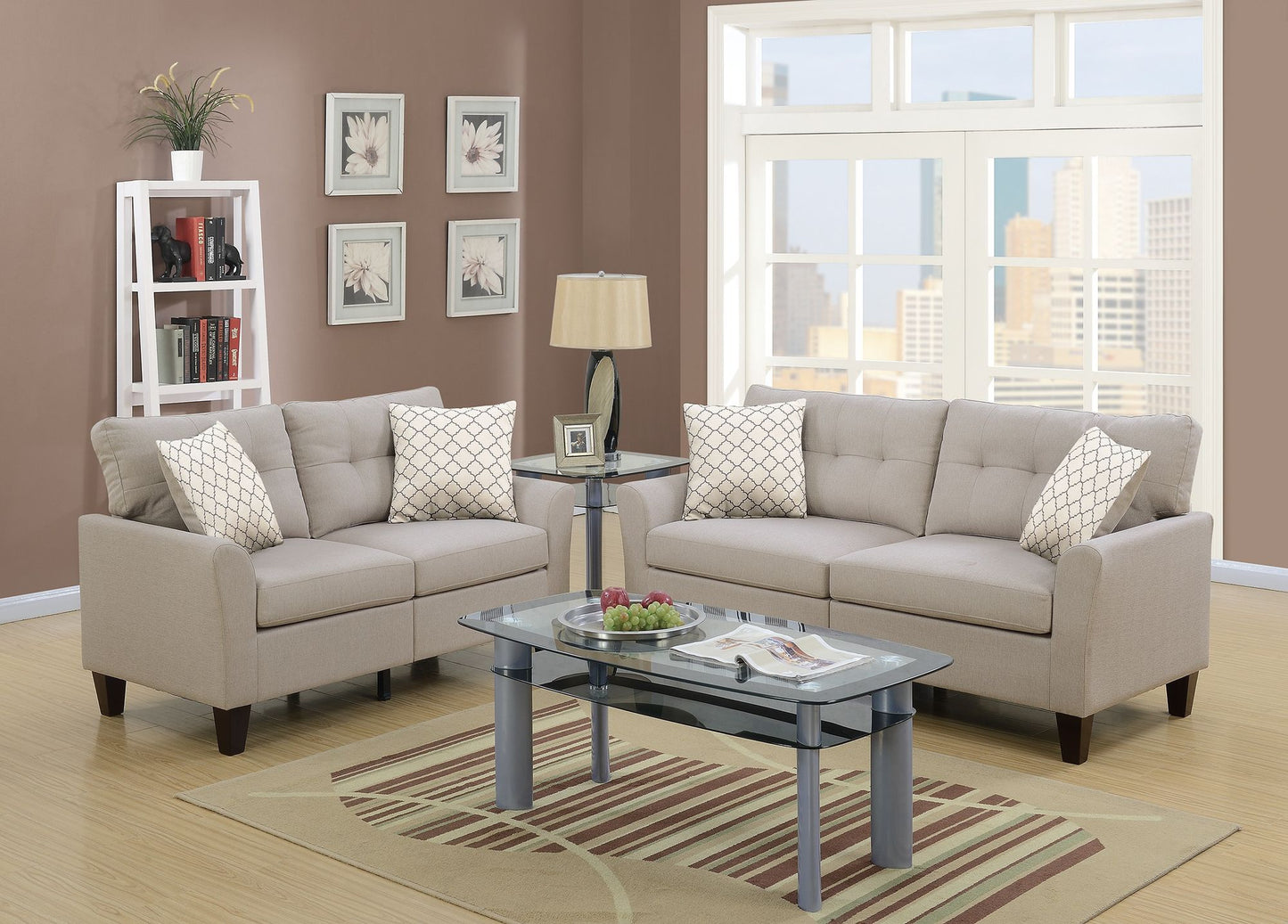 Living Room Furniture 2pc Sofa Set Sofa And Loveseat Beige Glossy Polyfiber Plywood Solid pine