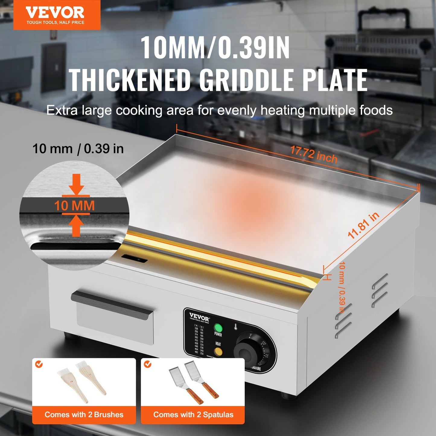 VEVOR Commercial Electric Griddle, 1700W Countertop Flat Top Grill, 122°F-572 °F Adjustable Temp, 17.72 x 11.81 x 0.39in Stainless Steel Griddle Grill with 2 Shovels and 2 Brushes