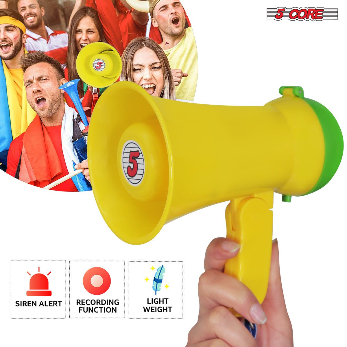 5 Core Megaphone Bullhorn Speaker 15W Mini Battery Power Bull horn w Siren 400 Yard Range - HW 1