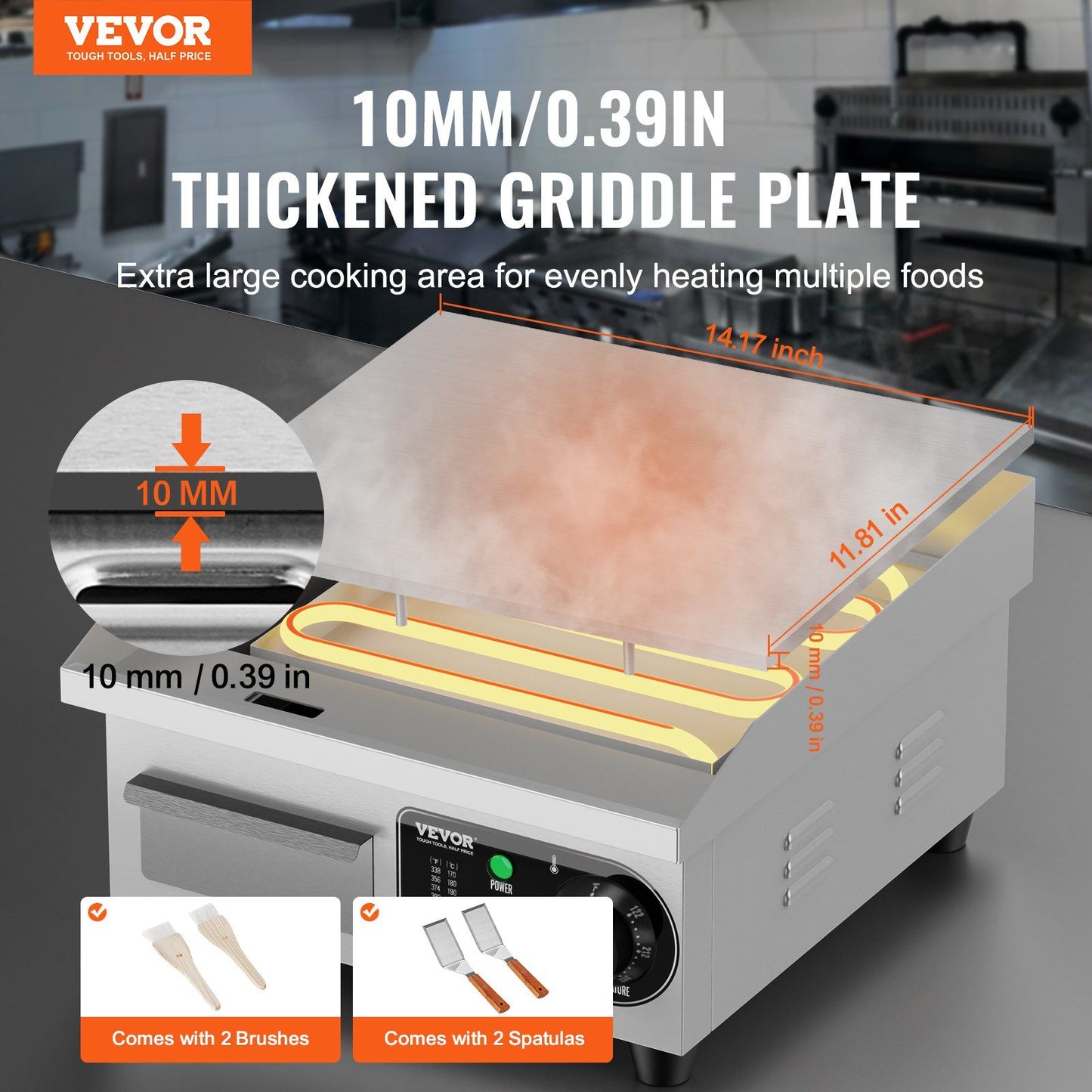 VEVOR Commercial Electric Griddle, 1700W Countertop Flat Top Grill, 122°F-572 °F Adjustable Temp, 14.17 x 11.81 x 0.39in Stainless Steel Griddle Grill with 2 Shovels and 2 Brushes