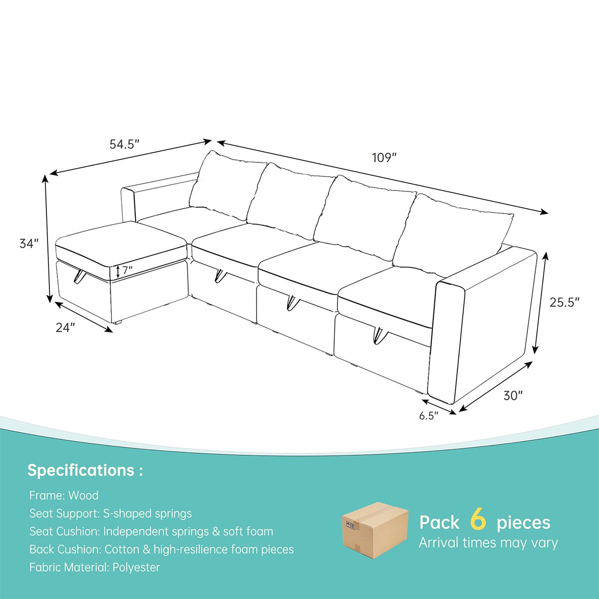 Modular 6-Piece Sectional Sofa – 109''L x 54.5''W x 34''H, Available in Beige, Black, and Gray, Versatile Sectional with Storage Ottoman for Living Room and Family Spaces