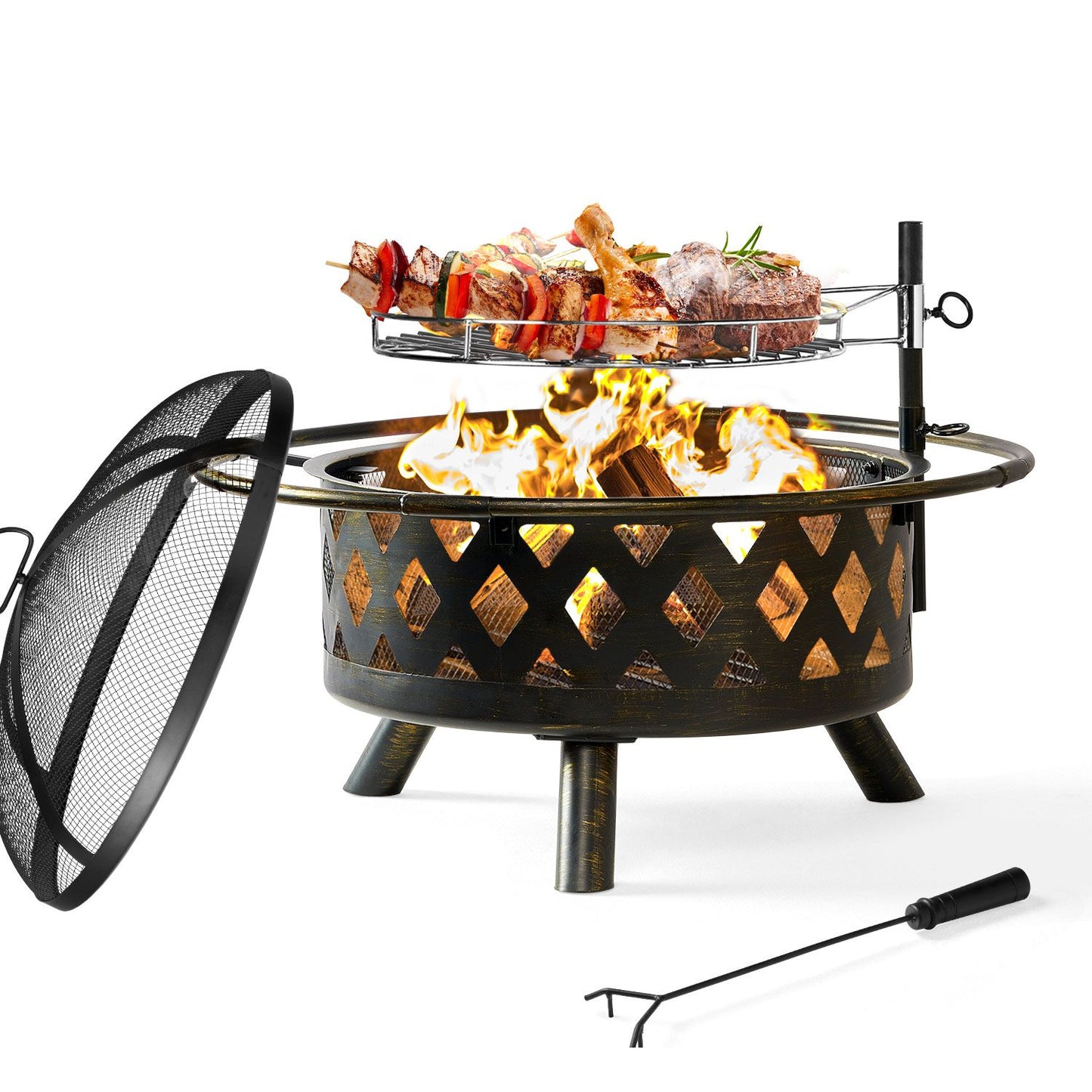 Home Food Equipment, Outdoor Fire Pit 30 Inch, 5 Piece Large Steel Barbecue Pat with Detachable Cooking Swivel Grill for Outdoor Backyard Campfire Patio