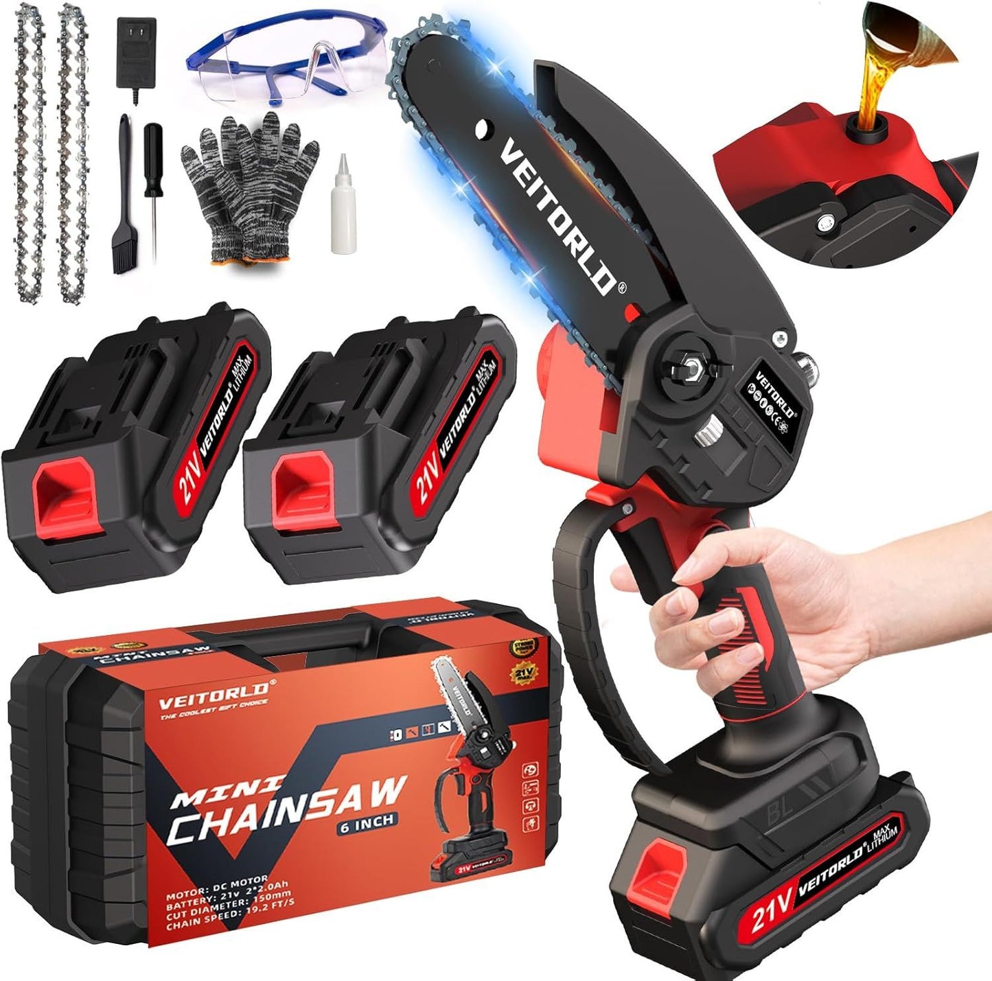 Veitorld Mini Chainsaw, 6-Inch Electric Chainsaw Cordless, Portable Handheld Battery Chain Saw for Wood Tree Trimming, Branches, Courtyard, Household and Garden Tools Gifts for Dad Men Husband