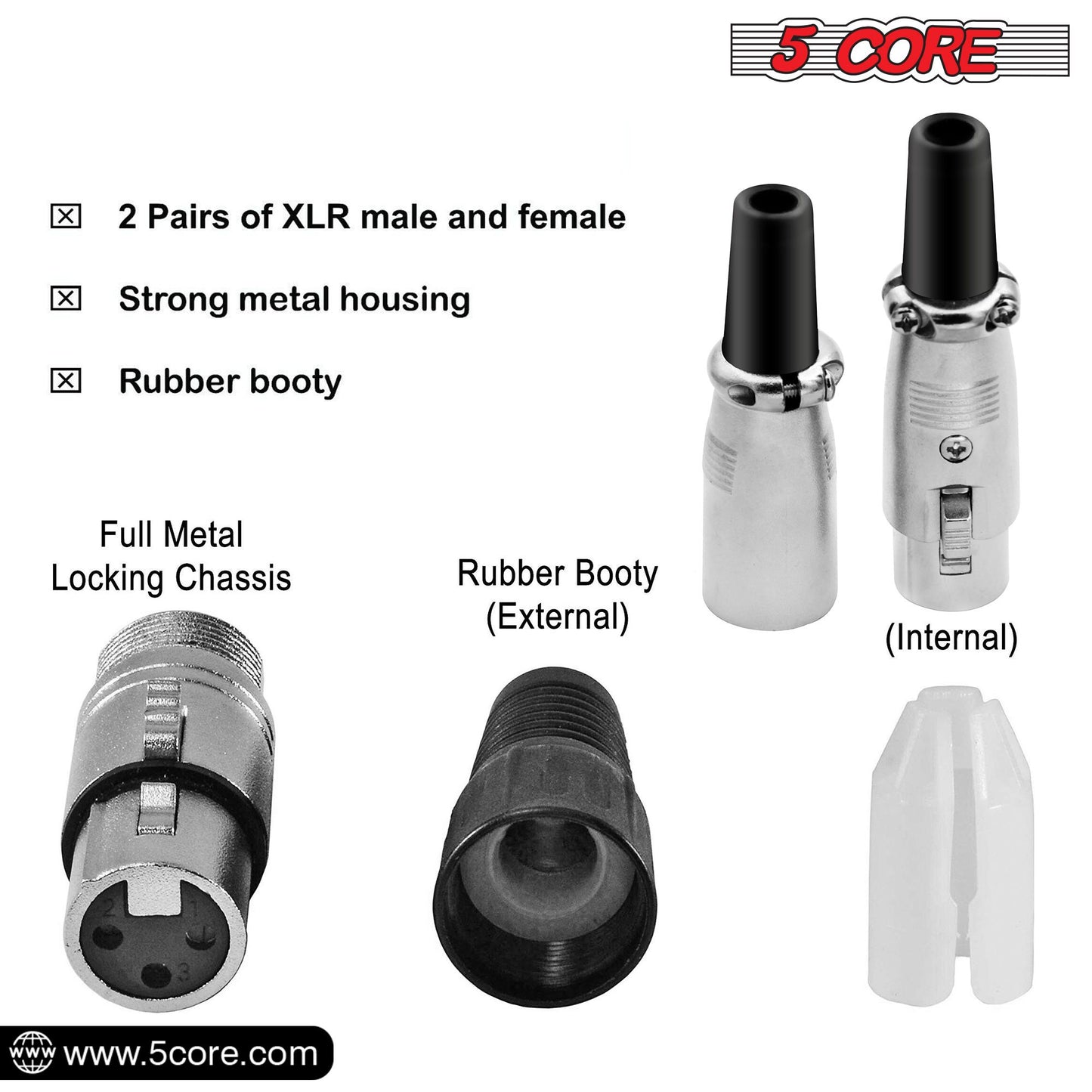 5 CORE XLR Connector Male Female to 1/4 Audio Jack 3 Pin Secure Microphone Plug with Locking Ends - XLR