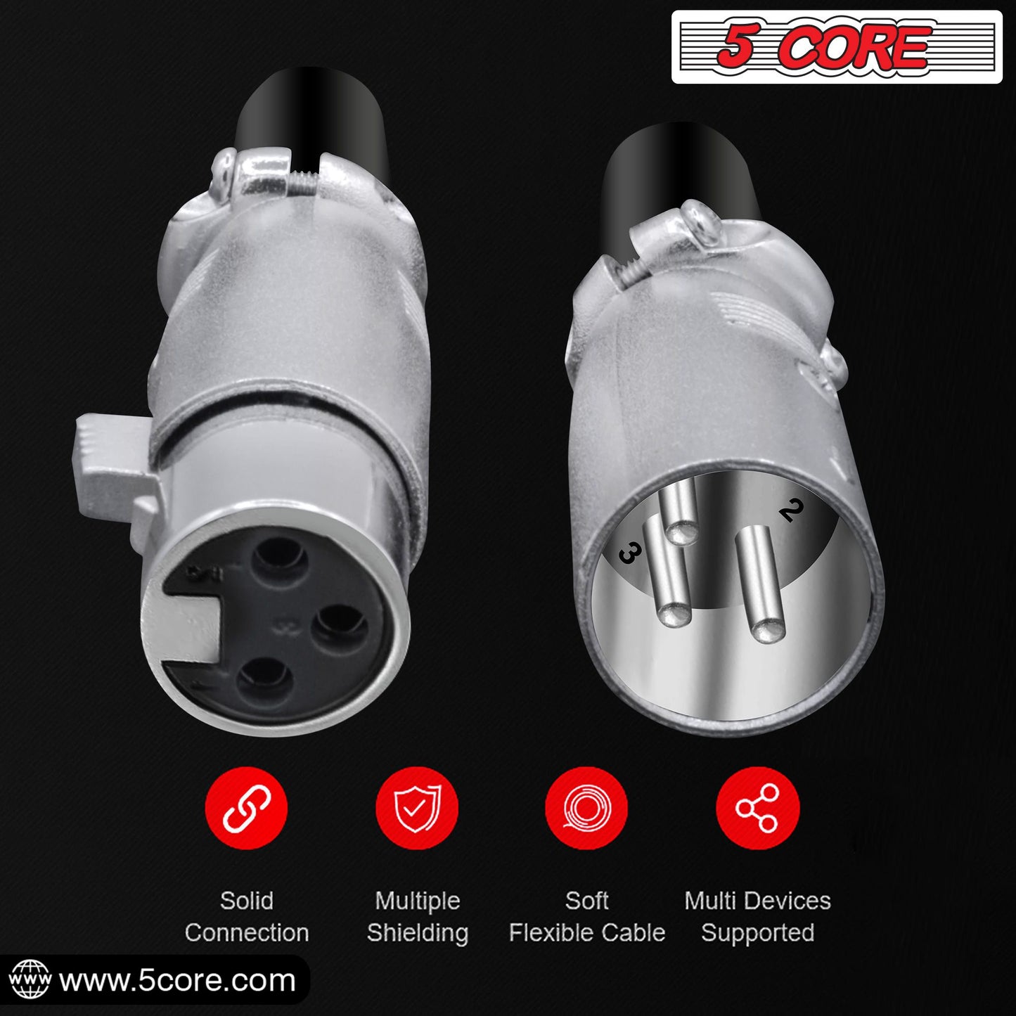 5 CORE XLR Connector Male Female to 1/4 Audio Jack 3 Pin Secure Microphone Plug with Locking Ends - XLR