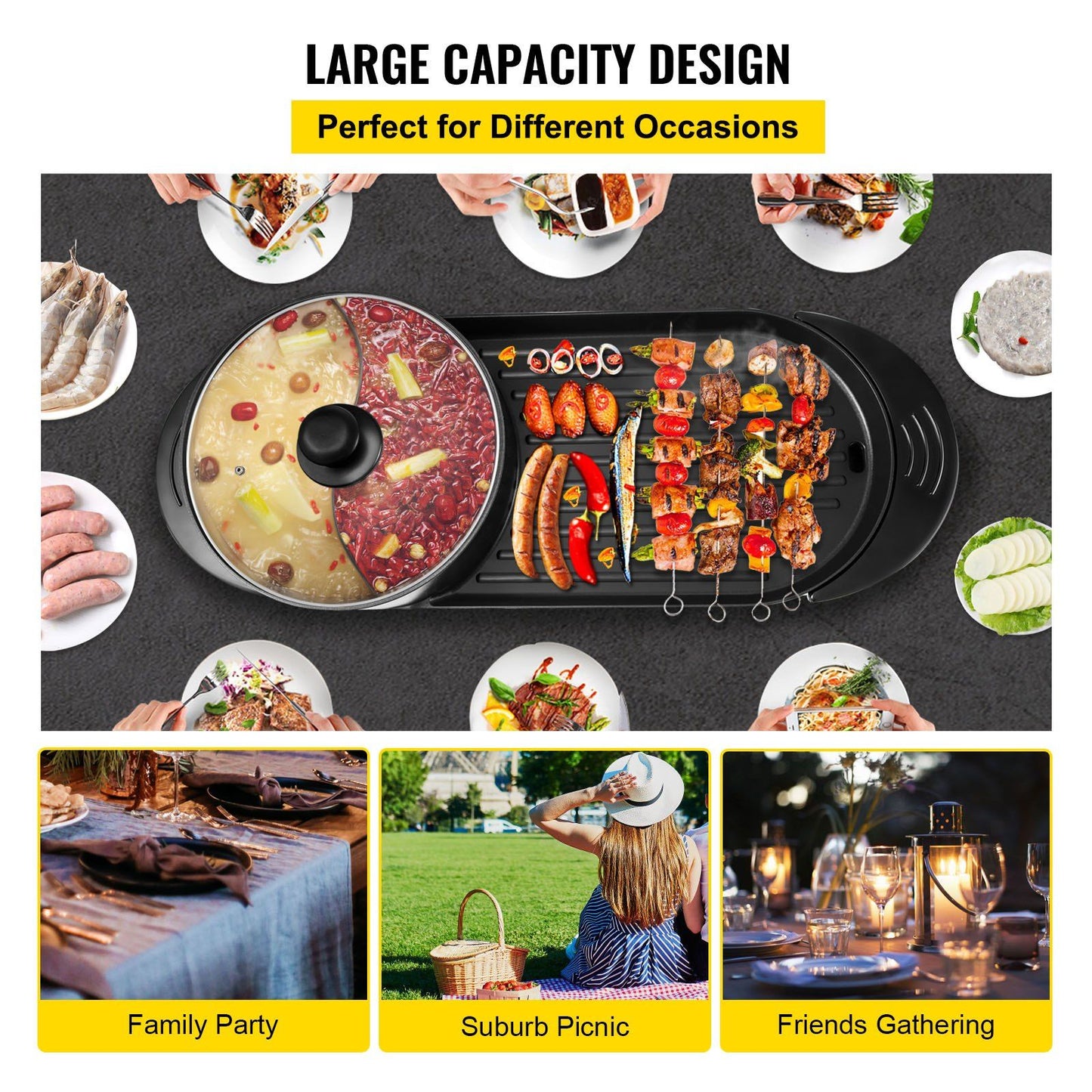 VEVOR 2 in 1 BBQ Grill and Hot Pot with Divider, Aluminum Alloy Electric BBQ Stove Hot Pot, Separate Dual Thermostat Teppanyaki Grill Pot with 5 Speed, for Family Dinner Friends Party Black