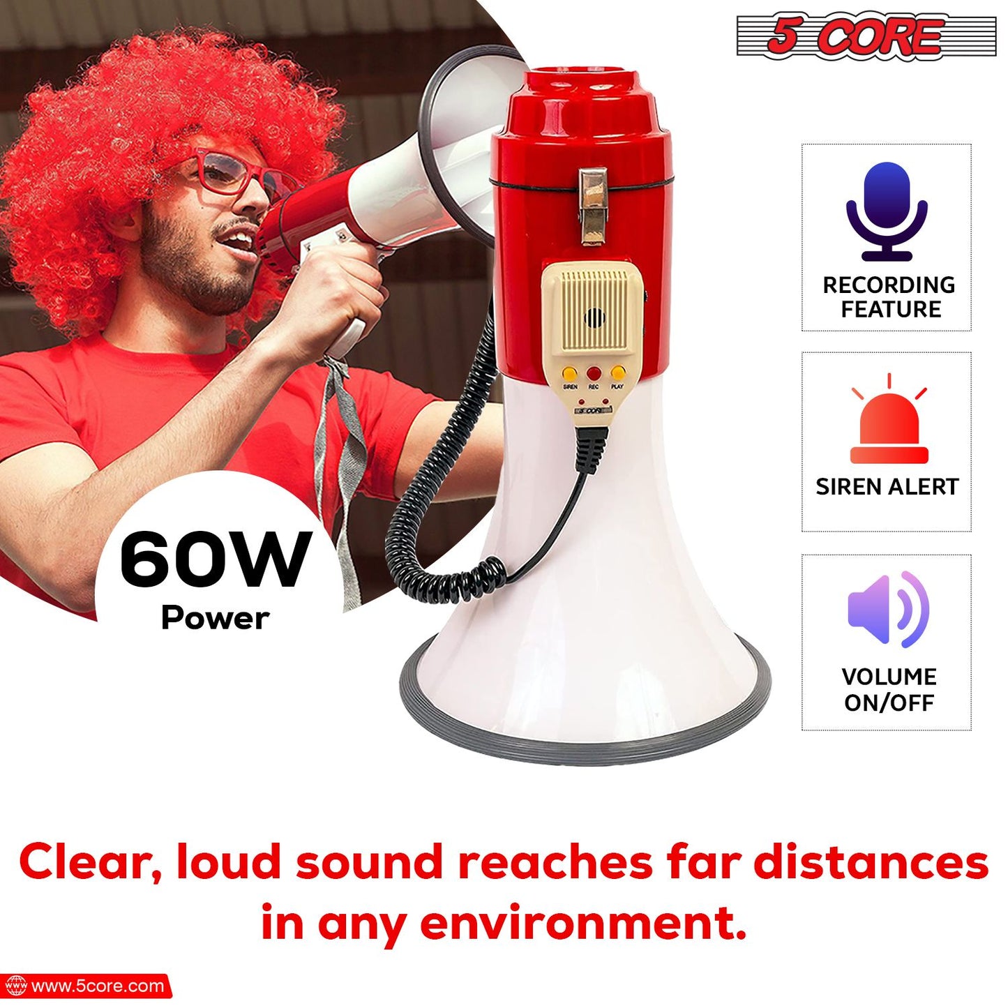 5 Core Megaphone Bullhorn Speaker 60W Professional Bull Horn Battery Power Cheer Megafono 1200 Ft Range Loudspeaker W Siren Recording Ergonomic Handle for Coaches Football Baseball Director - 77SF