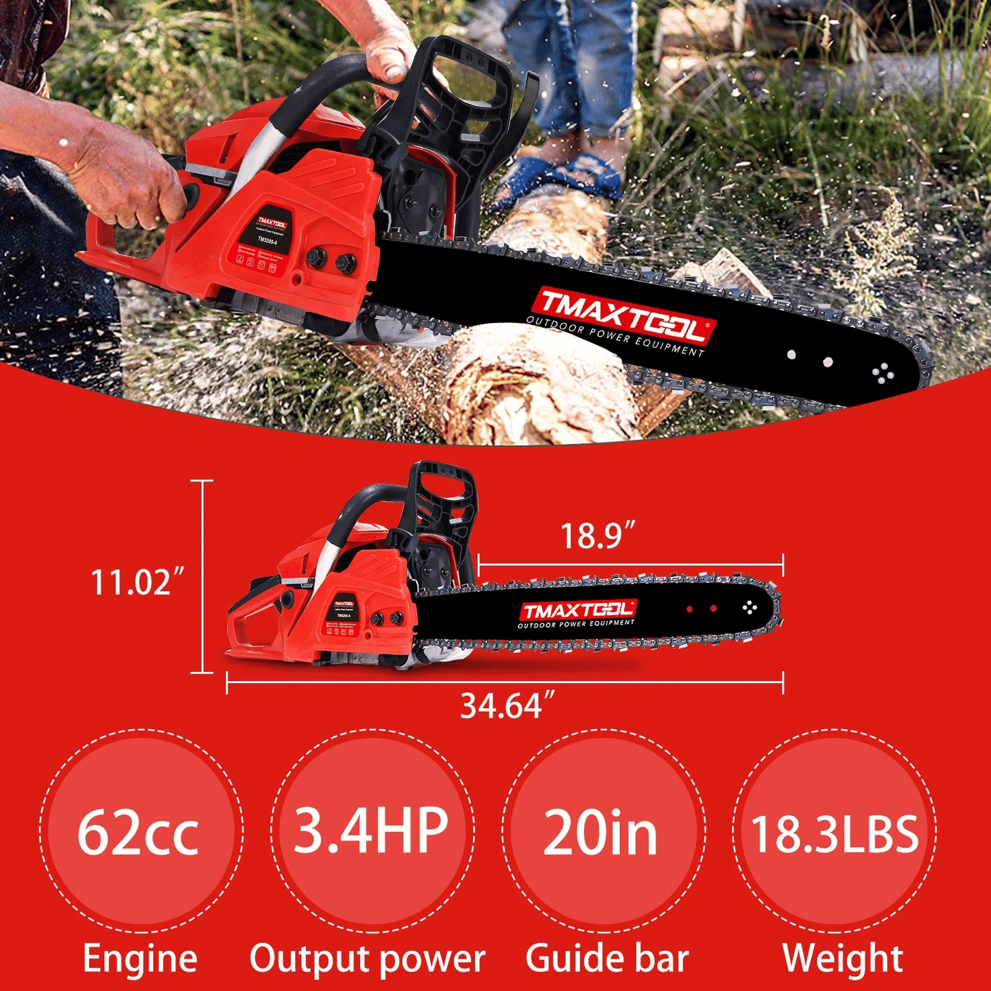 TMAXTOOL 62cc Powerful 20 inch Gas Chainsaw with 2 Stroke - Perfect for Pruning, Limbing, and Sawmill Operations-Red