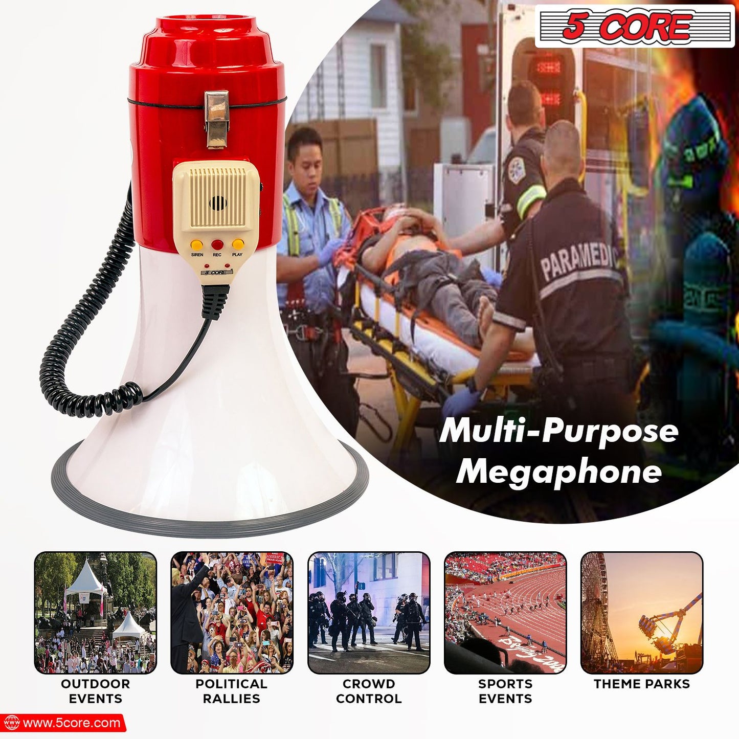 5 Core Megaphone Bullhorn Speaker 60W Professional Bull Horn Battery Power Cheer Megafono 1200 Ft Range Loudspeaker W Siren Recording Ergonomic Handle for Coaches Football Baseball Director - 77SF