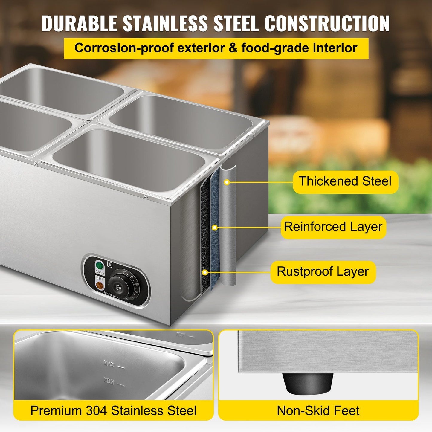 VEVOR 110V Commercial Food Warmer 4x1/4GN, 4-Pan Stainless Steel Bain Marie 14.8 Qt Capacity,1500W Steam Table 15cm/6inch Deep,Temp. Control 86-185, Electric Soup Warmer w/Lids & 2 Ladles