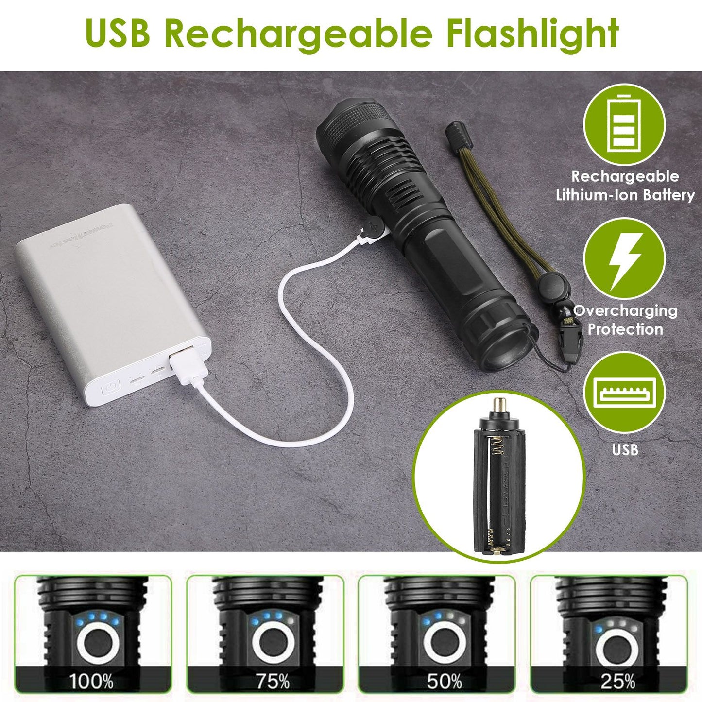 Tactical LED Flashlight Zoomable Rechargeable Search Light Torch 50000LM with 5Modes SOS Night Light For Night Walking Adventures