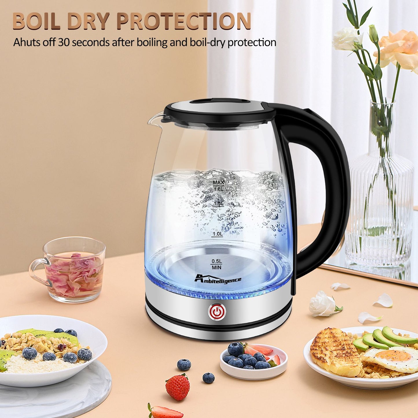 Electric Kettle Keep Warm, 1.8L Glass Tea Kettle, Hot Water Boiler with LED Light, Auto Shut-Off & Boil Dry Protection, Stainless Steel