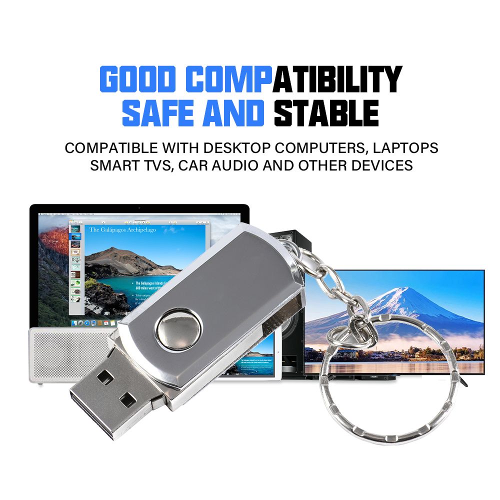 Rotatable Metal USB 2.0 Flash Drives 64GB Free Key Chain Pen Drive Silver Memory Stick Waterproof Storage Devices For Laptop