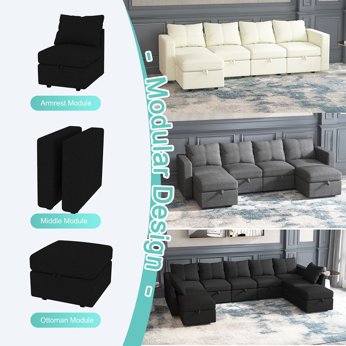 Modular 6-Piece Sectional Sofa – 109''L x 54.5''W x 34''H, Available in Beige, Black, and Gray, Versatile Sectional with Storage Ottoman for Living Room and Family Spaces