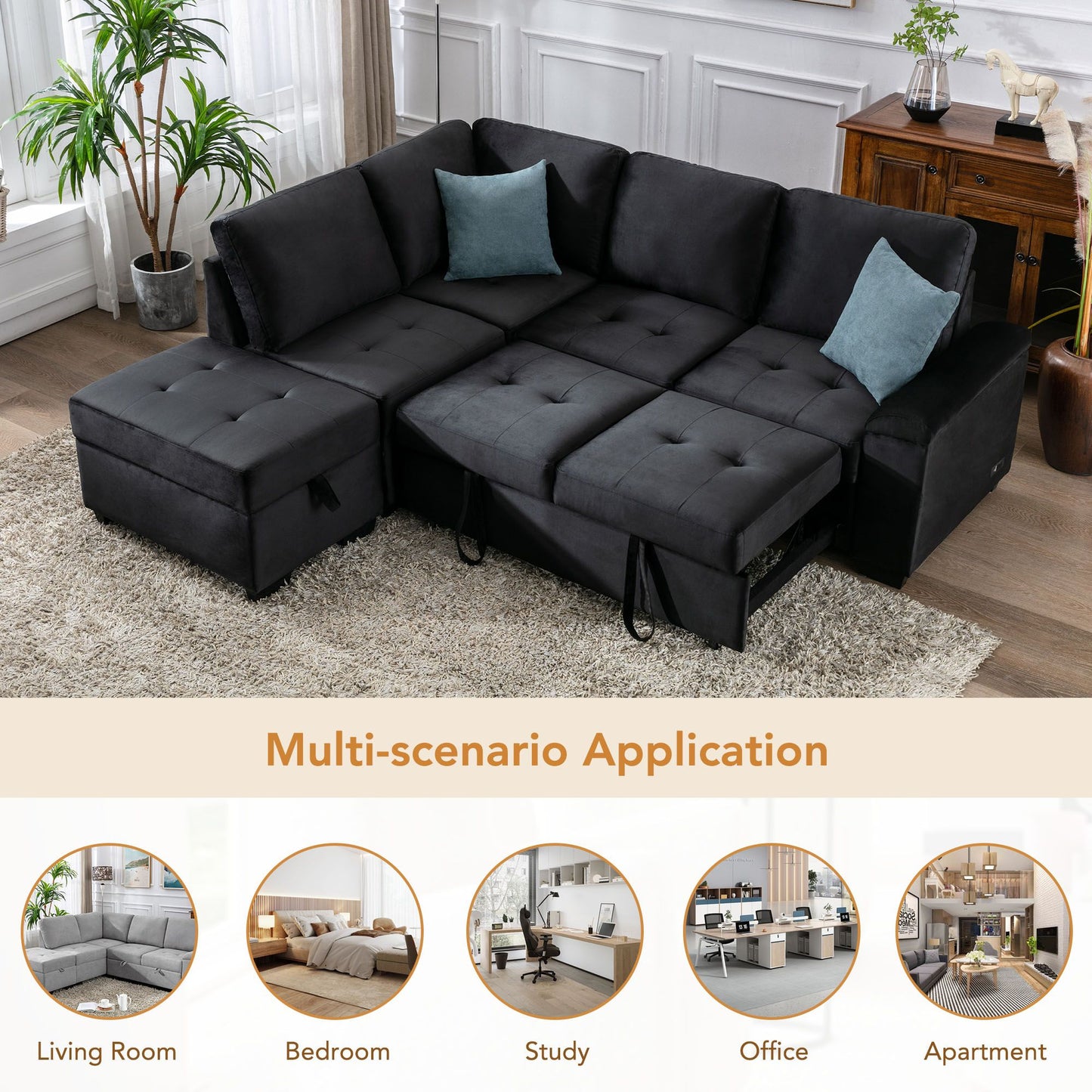 Sleeper Sectional Sofa, L-Shape Corner Couch Sofa-Bed with Storage Ottoman & Hidden Arm Storage & USB Charge for Living Room Apartment