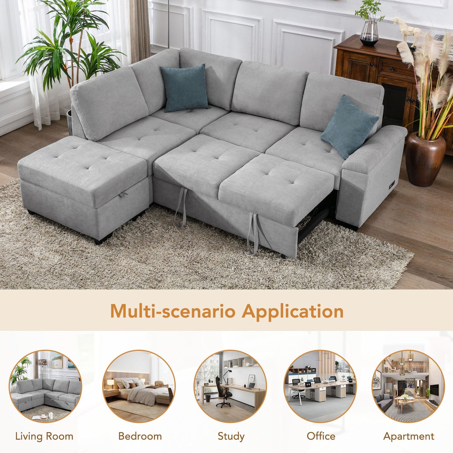 Sleeper Sectional Sofa, L-Shape Corner Couch Sofa-Bed with Storage Ottoman & Hidden Arm Storage & USB Charge for Living Room Apartment