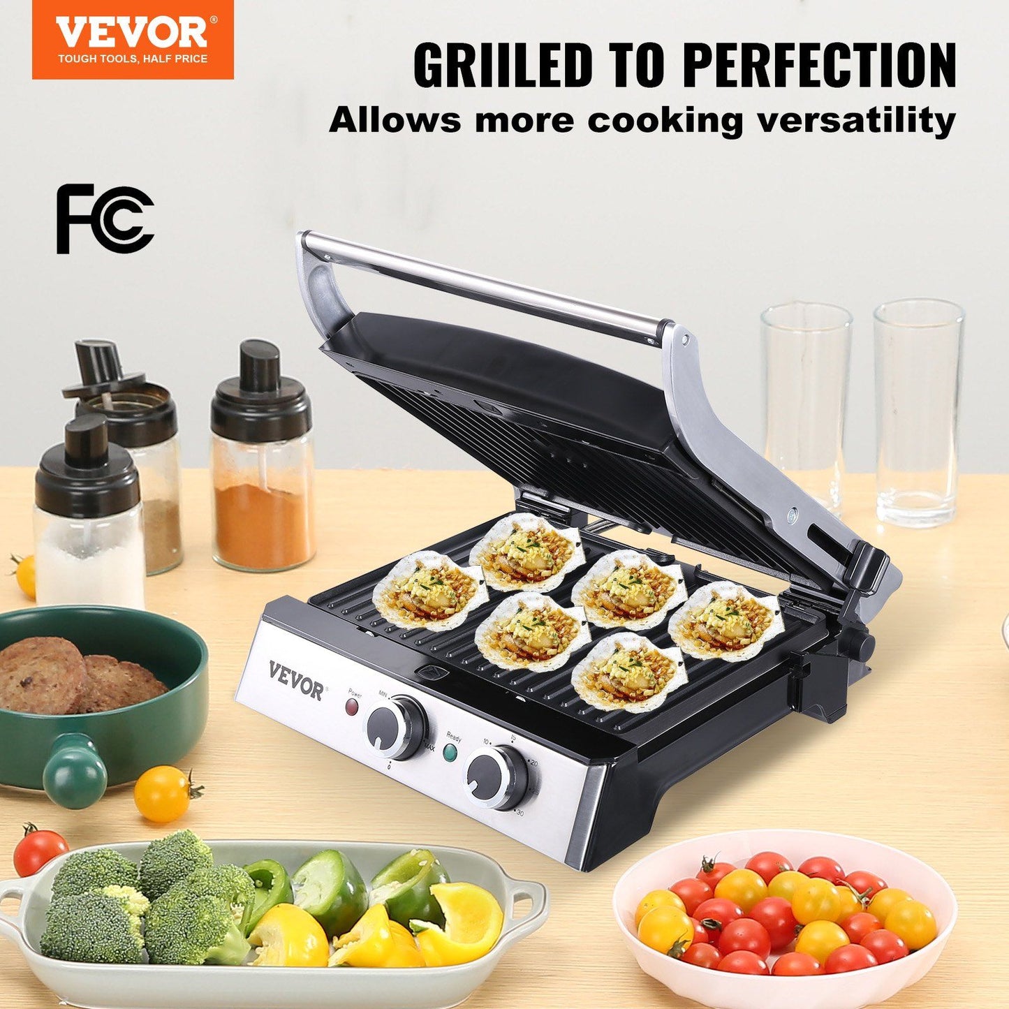 VEVOR Commercial Electric Griddle, 14.5" 1500W Indoor Countertop Grill, Stainless Steel Restaurant Teppanyaki Grill with Non Stick Iron Cooking Plate, 0-446°F Adjustable Temperature Control, 120V